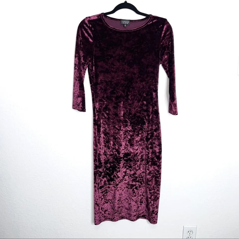 Topshop Women Size 8 3/4 Sleeve Burgundy Red Velvet Bodycon Dress Medium   Soft
